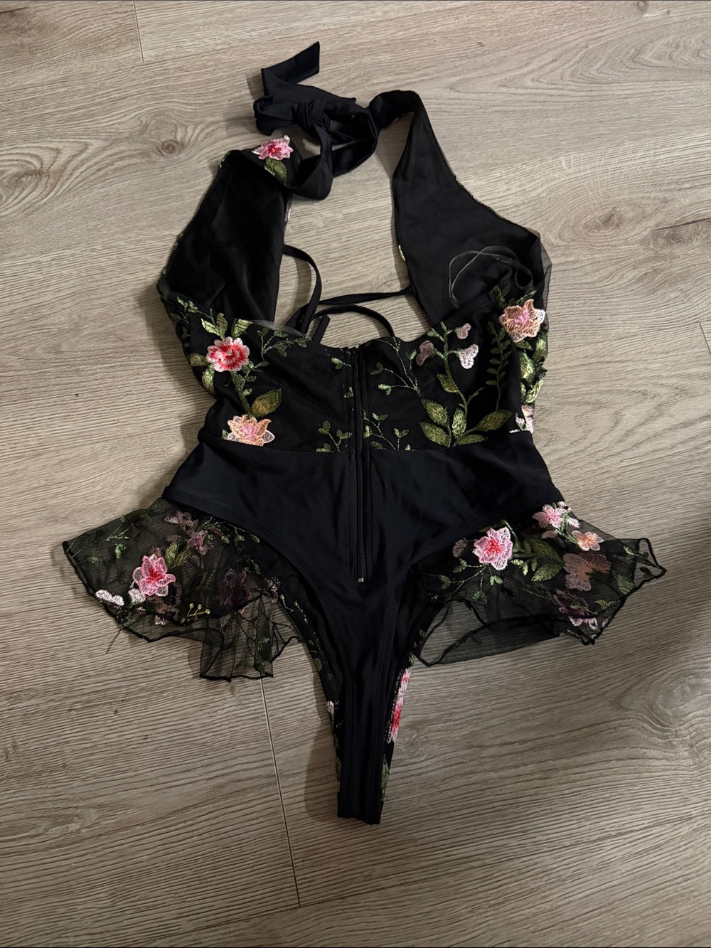 IHeartRaves Floral Embroidered Black Halter Teddy Bodysuit - Picture 3 of 3